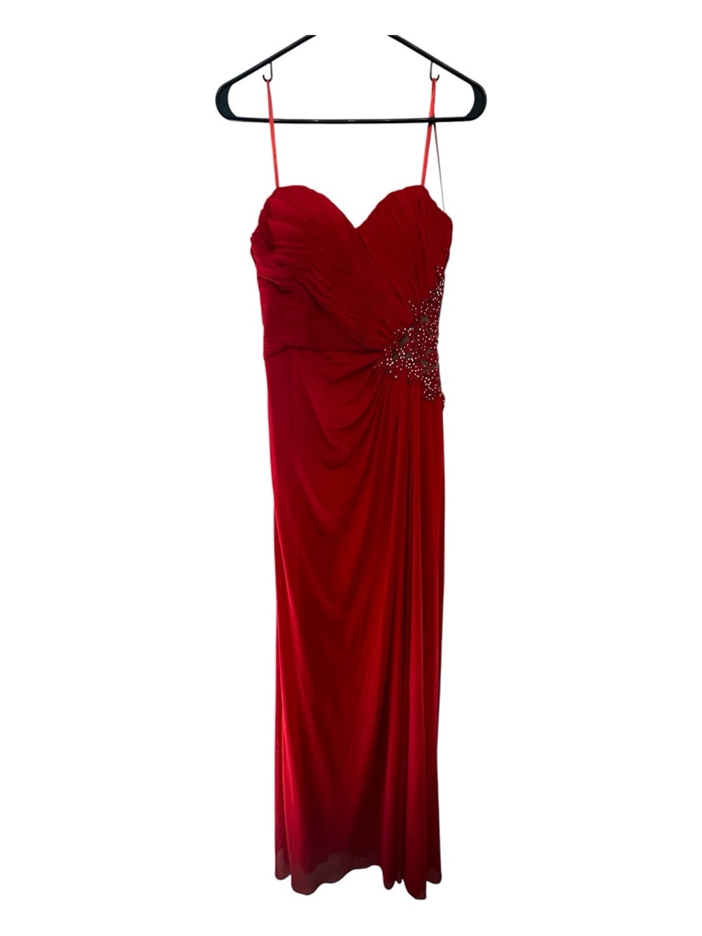 Y2K Vibes Xscape Red Strapless Maxi Gown with Beaded Side Detail Size 4
